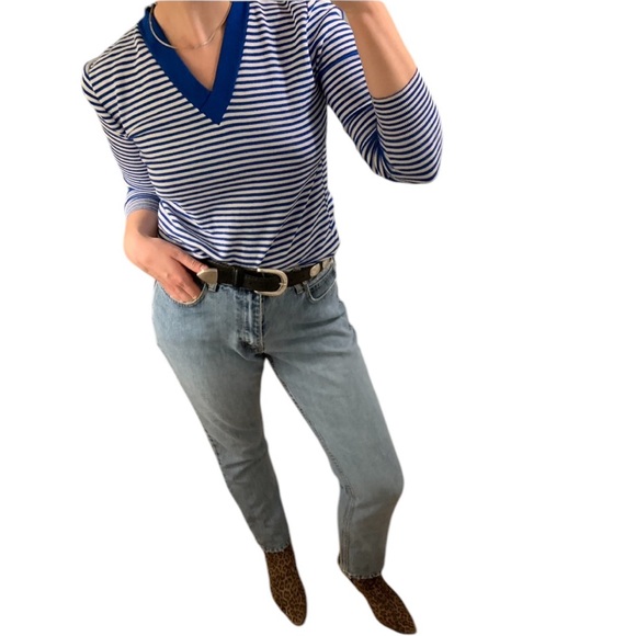 VTG Blue White Stripe V Neck Knit Pullover Sweater Jumper Academia Prep XS S M - Picture 5 of 16